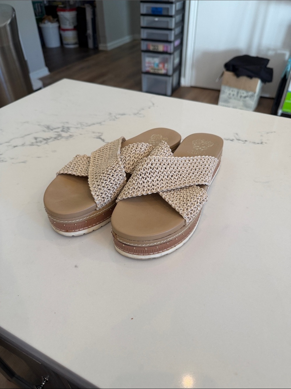 Vince Camuto Beige Woven Platform Slide Sandals